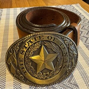 Brown Leather Belt with Gold State Of Texas Buckle